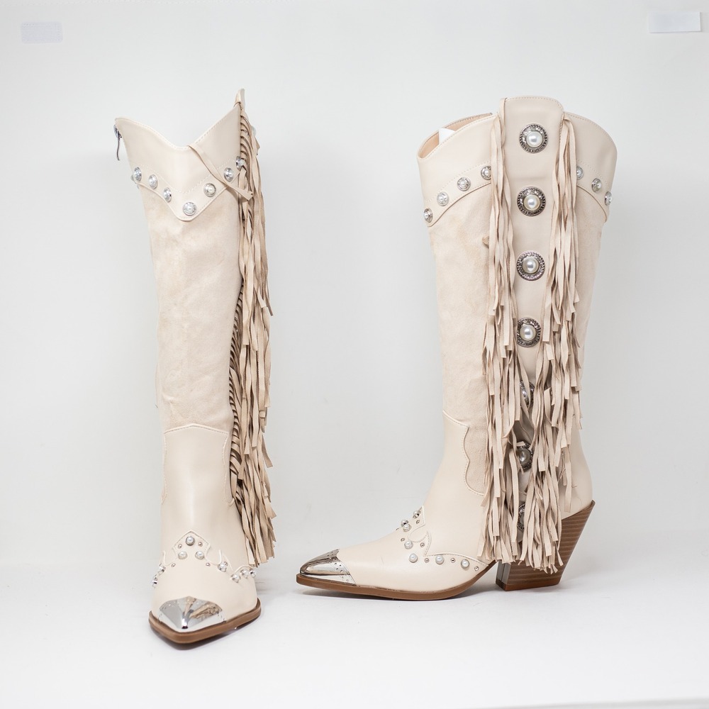 NEW Azalea Wang Pelagius Tall Fringe Western Embellished Round Toe Boots 6